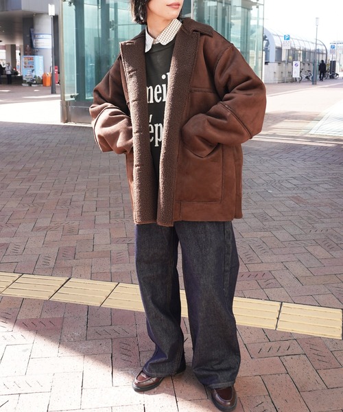 gossara(ゴサラ)の「【冬コーデを格上げする一着】フェイクムートンカバーオール(ムートンコート・レディース・アイボリー/ブラウン・FREE)」の5枚目の写真