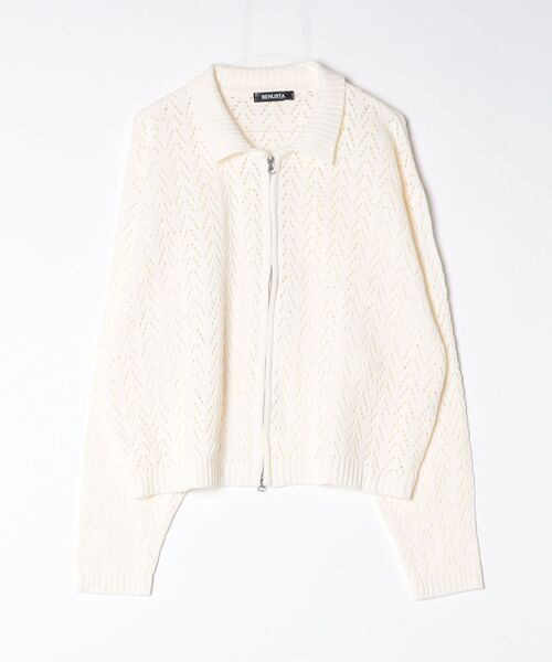 BENUSTA(ベヌスタ)の「A'GEM/9 × .kom 『BENUSTA/ベヌスタ』 OPENWORK ZIP KNIT JACKET/オープンワーク ジップニットジャケット(ニット/セーター・メンズ・アイボリー/ブラック・FREE)」の6枚目の写真