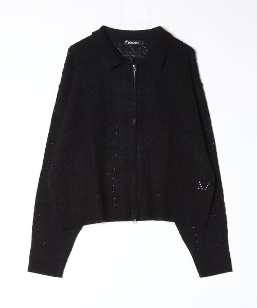 BENUSTA(ベヌスタ)の「A'GEM/9 × .kom 『BENUSTA/ベヌスタ』 OPENWORK ZIP KNIT JACKET/オープンワーク ジップニットジャケット(ニット/セーター・メンズ・アイボリー/ブラック・FREE)」の7枚目の写真