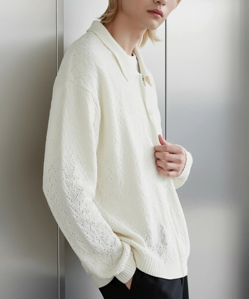 BENUSTA(ベヌスタ)の「A'GEM/9 × .kom 『BENUSTA/ベヌスタ』 OPENWORK ZIP KNIT JACKET/オープンワーク ジップニットジャケット(ニット/セーター・メンズ・アイボリー/ブラック・FREE)」の3枚目の写真