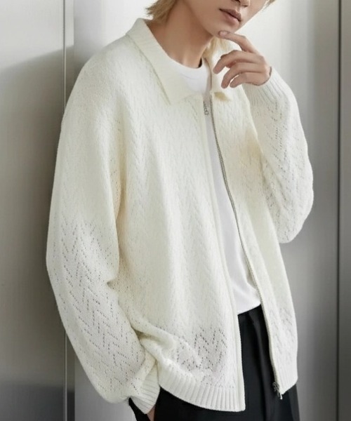BENUSTA(ベヌスタ)の「A'GEM/9 × .kom 『BENUSTA/ベヌスタ』 OPENWORK ZIP KNIT JACKET/オープンワーク ジップニットジャケット(ニット/セーター・メンズ・アイボリー/ブラック・FREE)」の4枚目の写真