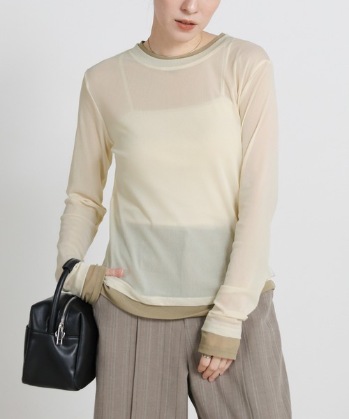 select MOCA（セレクトモカ）の「バイカラーメッシュシアートップス（Tシャツ/カットソー・レディース・ブラウン/ブラック/アイボリー/グレー・FREE）」の2枚目の写真