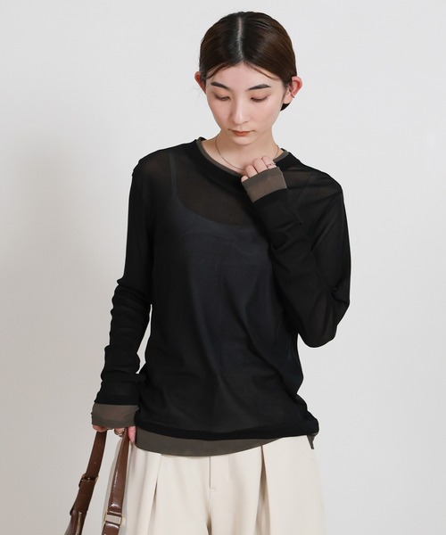 select MOCA（セレクトモカ）の「バイカラーメッシュシアートップス（Tシャツ/カットソー・レディース・ブラウン/ブラック/アイボリー/グレー・FREE）」の3枚目の写真