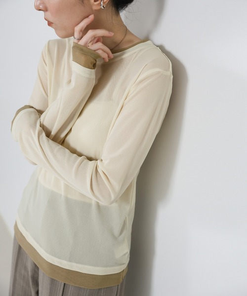 select MOCA（セレクトモカ）の「バイカラーメッシュシアートップス（Tシャツ/カットソー・レディース・ブラウン/ブラック/アイボリー/グレー・FREE）」の17枚目の写真