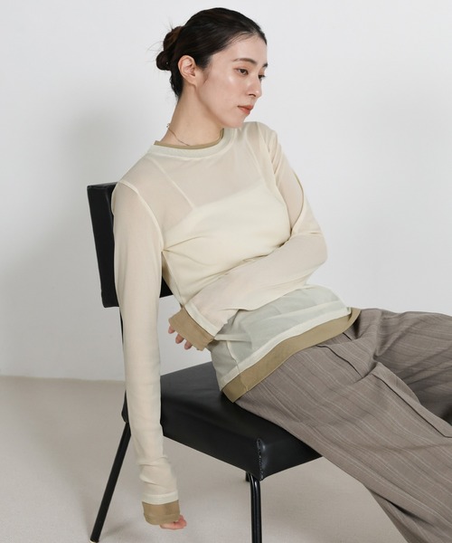 select MOCA（セレクトモカ）の「バイカラーメッシュシアートップス（Tシャツ/カットソー・レディース・ブラウン/ブラック/アイボリー/グレー・FREE）」の18枚目の写真