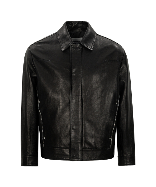 ZIP-PIPED NAPPA LEATHER TRUCKER JACKET (BLACK / VEGETABLE LABMSKIN)