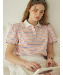 ストライプシャーリングピケTシャツ - ピンク