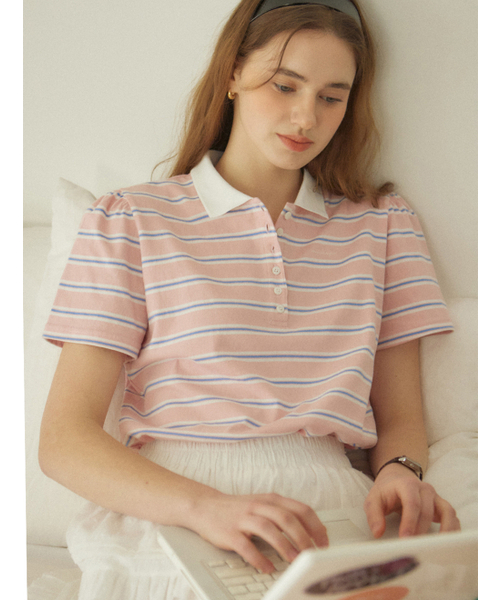 OURHOPE(アワーホープ)の「ストライプシャーリングピケTシャツ - ピンク(ポロシャツ・レディース・PINK・FREE)」の1枚目の写真