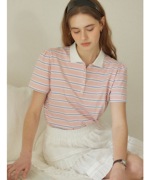 OURHOPE(アワーホープ)の「ストライプシャーリングピケTシャツ - ピンク(ポロシャツ・レディース・PINK・FREE)」の2枚目の写真