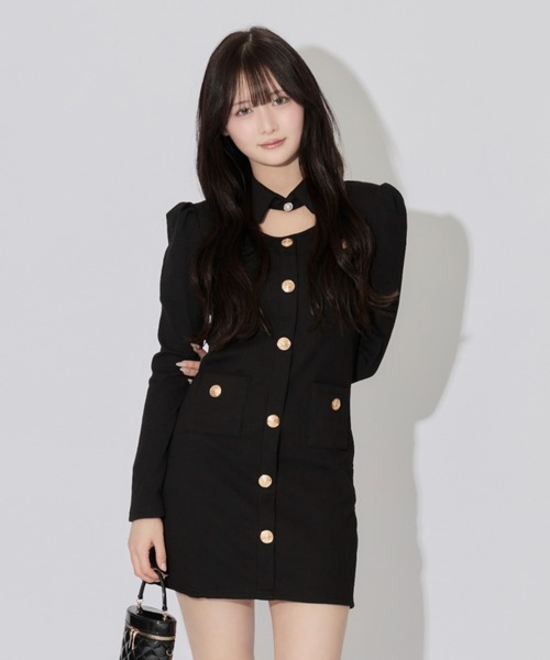 ALLuRing ChaRm(アリュリングチャーム)の「Cutout Pleated Mini Dress / カットアウトプリーツミニワンピース(ワンピース・レディース・ブラック・FREE)」の1枚目の写真