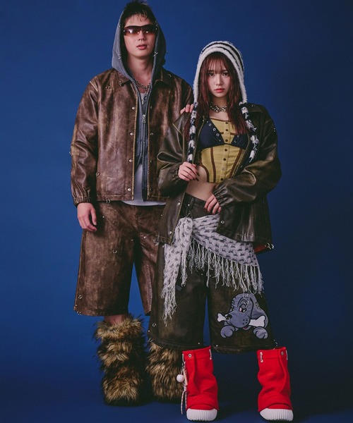 GALFY（ガルフィー）の「GALFY（ガルフィー）バチバチピアスPUコーチ/ヴィンテージ風フェイクレザージャケット/ブルゾン（ブルゾン・メンズ・ブラウン/カーキ/ブラック・LL/L）」の8枚目の写真