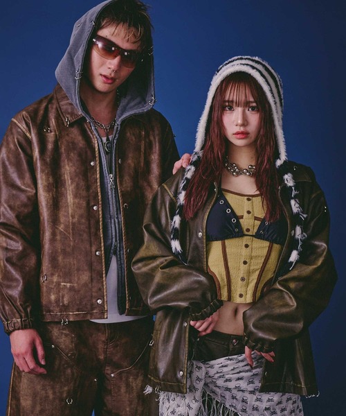 GALFY（ガルフィー）の「GALFY（ガルフィー）バチバチピアスPUコーチ/ヴィンテージ風フェイクレザージャケット/ブルゾン（ブルゾン・メンズ・ブラウン/カーキ/ブラック・LL/L）」の7枚目の写真