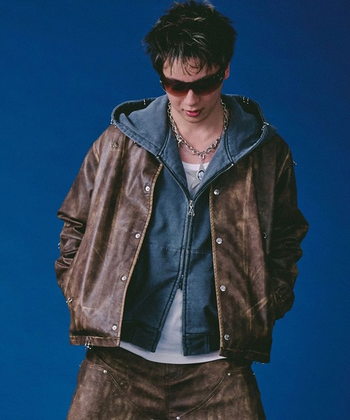 GALFY（ガルフィー）の「GALFY（ガルフィー）バチバチピアスPUコーチ/ヴィンテージ風フェイクレザージャケット/ブルゾン（ブルゾン・メンズ・ブラウン/カーキ/ブラック・LL/L）」の21枚目の写真