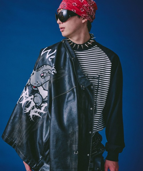 GALFY（ガルフィー）の「GALFY（ガルフィー）バチバチピアスPUコーチ/ヴィンテージ風フェイクレザージャケット/ブルゾン（ブルゾン・メンズ・ブラウン/カーキ/ブラック・LL/L）」の6枚目の写真