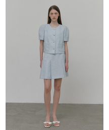 Pleats Tweed Mini Skirt, Light Blue