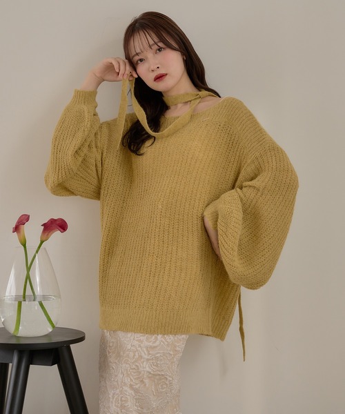 値下げ★シアーショルダ-ミドルニット mideal（マイディール） ニット セーター sheer oneshoulder knit