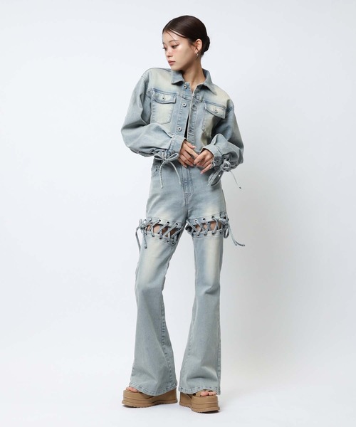 SPIRALGIRL（スパイラルガール）の「レースアップサイドカットフレアパンツ（デニムパンツ・レディース・ブラック/ブルー・SMALL/MEDIUM）」の18枚目の写真