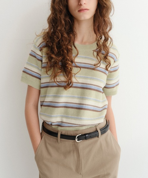 DUNST（ダンスト）の「【DUNST】UNISEX STRIPED CREW-NECK KNIT（ニット/セーター・レディース・オフホワイト/ネイビー/ミント・S）」の3枚目の写真