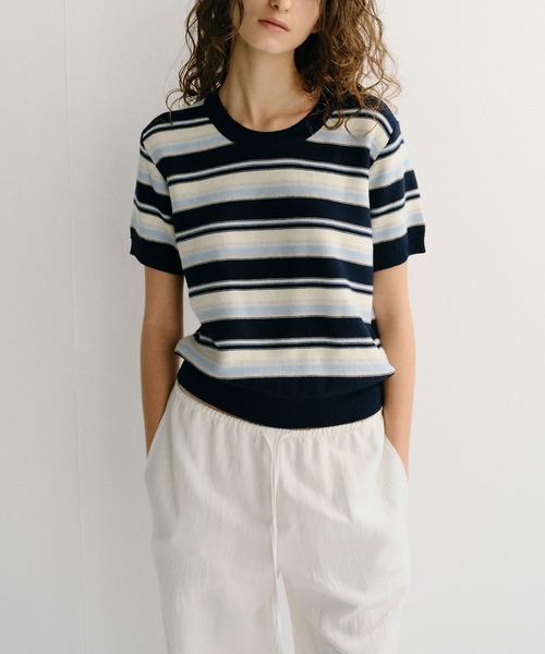DUNST（ダンスト）の「【DUNST】UNISEX STRIPED CREW-NECK KNIT（ニット/セーター・レディース・オフホワイト/ネイビー/ミント・S）」の4枚目の写真