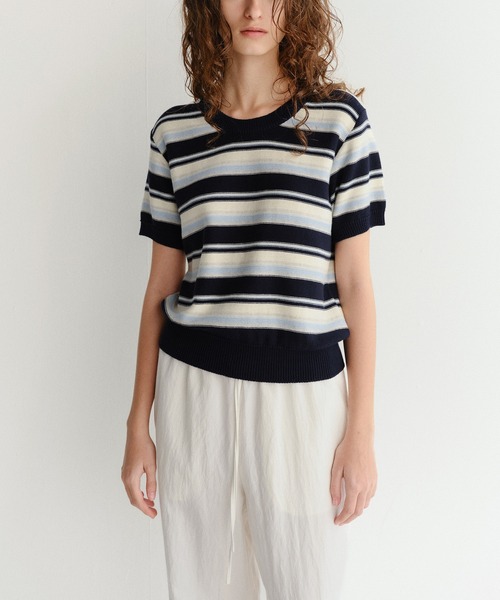 DUNST（ダンスト）の「【DUNST】UNISEX STRIPED CREW-NECK KNIT（ニット/セーター・レディース・オフホワイト/ネイビー/ミント・S）」の5枚目の写真
