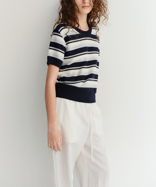 DUNST（ダンスト）の「【DUNST】UNISEX STRIPED CREW-NECK KNIT（ニット/セーター・レディース・オフホワイト/ネイビー/ミント・S）」の6枚目の写真