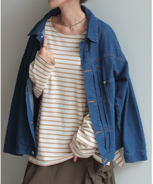HUG.U(ハグユー)の「もちっと。 ボーダーロンT(Tシャツ/カットソー・レディース・ベージュ/ブルー/グレー/ブラック/ホワイト・FREE)」の5枚目の写真
