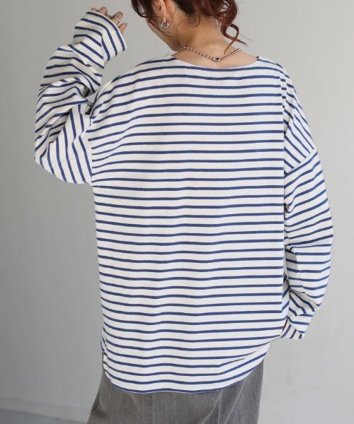 HUG.U(ハグユー)の「もちっと。 ボーダーロンT(Tシャツ/カットソー・レディース・ベージュ/ブルー/グレー/ブラック/ホワイト・FREE)」の9枚目の写真