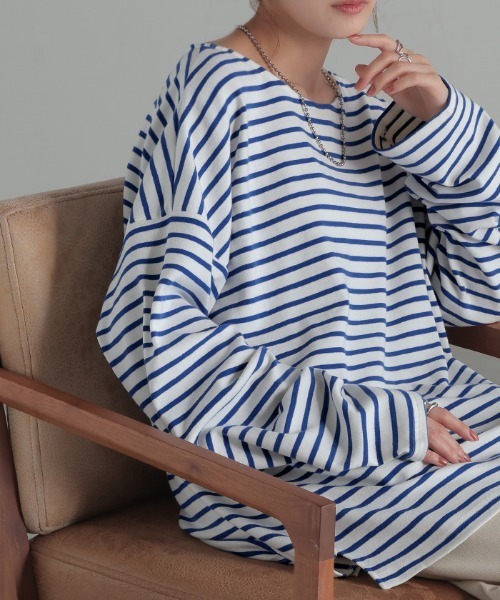 HUG.U(ハグユー)の「もちっと。 ボーダーロンT(Tシャツ/カットソー・レディース・ベージュ/ブルー/グレー/ブラック/ホワイト・FREE)」の10枚目の写真