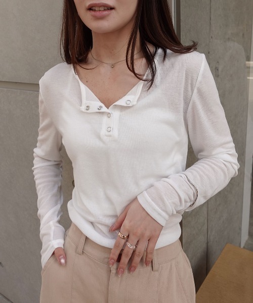 CORNERS（コーナーズ）の「シアーリブヘンリーネックトップス（Tシャツ/カットソー・レディース・杢グレー/ブラック/ホワイト・M）」の2枚目の写真