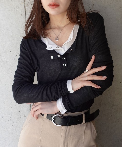 CORNERS（コーナーズ）の「シアーリブヘンリーネックトップス（Tシャツ/カットソー・レディース・杢グレー/ブラック/ホワイト・M）」の3枚目の写真