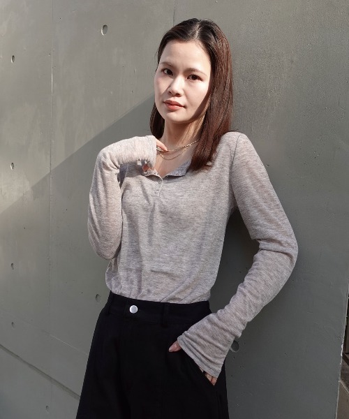 CORNERS（コーナーズ）の「シアーリブヘンリーネックトップス（Tシャツ/カットソー・レディース・杢グレー/ブラック/ホワイト・M）」の7枚目の写真