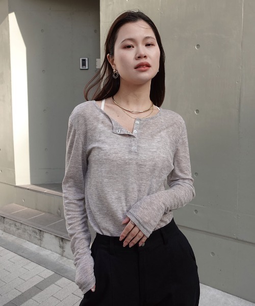 CORNERS（コーナーズ）の「シアーリブヘンリーネックトップス（Tシャツ/カットソー・レディース・杢グレー/ブラック/ホワイト・M）」の9枚目の写真