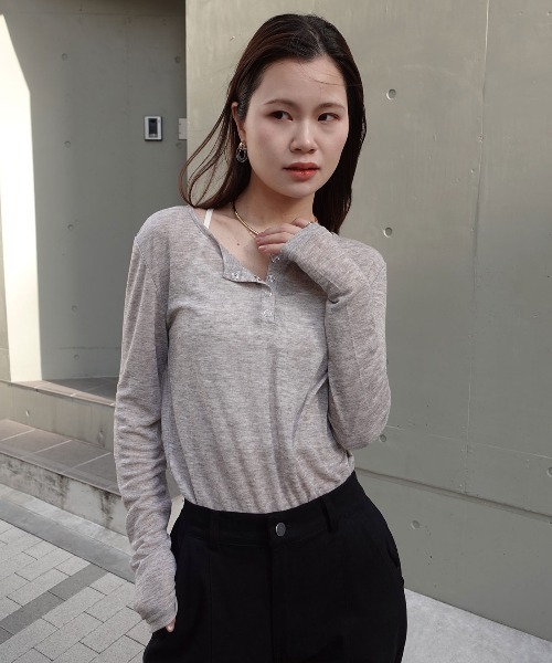 CORNERS（コーナーズ）の「シアーリブヘンリーネックトップス（Tシャツ/カットソー・レディース・杢グレー/ブラック/ホワイト・M）」の10枚目の写真