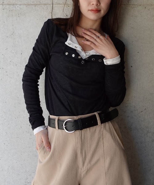 CORNERS（コーナーズ）の「シアーリブヘンリーネックトップス（Tシャツ/カットソー・レディース・杢グレー/ブラック/ホワイト・M）」の12枚目の写真