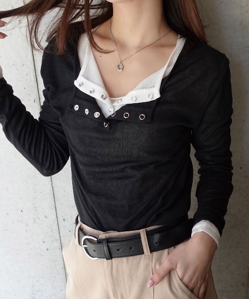 CORNERS（コーナーズ）の「シアーリブヘンリーネックトップス（Tシャツ/カットソー・レディース・杢グレー/ブラック/ホワイト・M）」の13枚目の写真