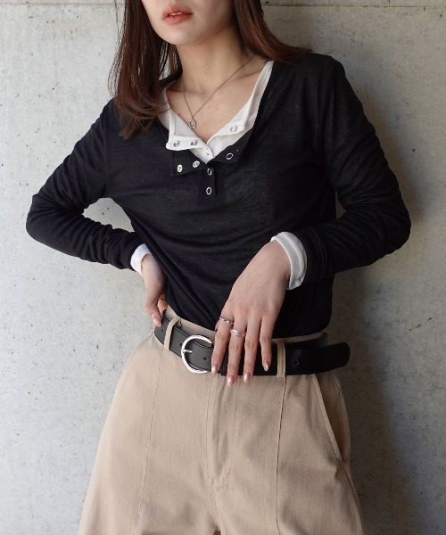 CORNERS（コーナーズ）の「シアーリブヘンリーネックトップス（Tシャツ/カットソー・レディース・杢グレー/ブラック/ホワイト・M）」の14枚目の写真