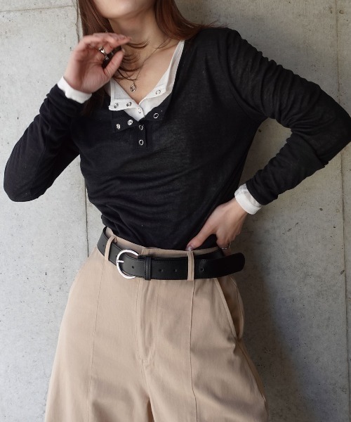 CORNERS（コーナーズ）の「シアーリブヘンリーネックトップス（Tシャツ/カットソー・レディース・杢グレー/ブラック/ホワイト・M）」の15枚目の写真