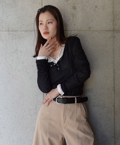 CORNERS（コーナーズ）の「シアーリブヘンリーネックトップス（Tシャツ/カットソー・レディース・杢グレー/ブラック/ホワイト・M）」の16枚目の写真