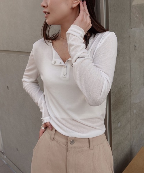 CORNERS（コーナーズ）の「シアーリブヘンリーネックトップス（Tシャツ/カットソー・レディース・杢グレー/ブラック/ホワイト・M）」の17枚目の写真