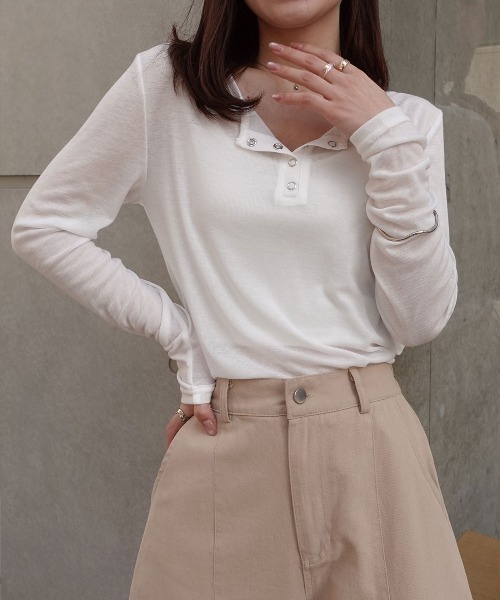 CORNERS（コーナーズ）の「シアーリブヘンリーネックトップス（Tシャツ/カットソー・レディース・杢グレー/ブラック/ホワイト・M）」の19枚目の写真