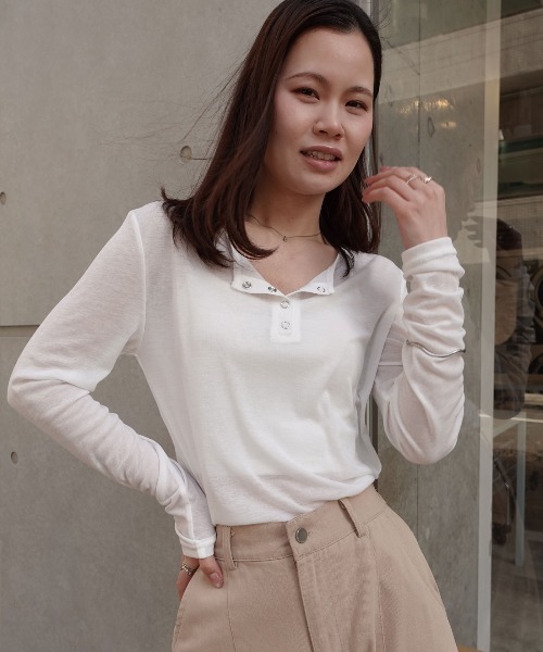 CORNERS（コーナーズ）の「シアーリブヘンリーネックトップス（Tシャツ/カットソー・レディース・杢グレー/ブラック/ホワイト・M）」の20枚目の写真