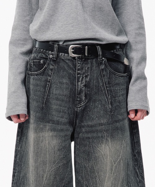 Camphor wood（カンファーウッド）の「CRACKED CHEMICAL-WASHED WIDE BAGGY JEANS / クラック加工ケミカルウォッシュワイドバギーシーンズ（デニムパンツ・メンズ・ブラック/インディゴブルー/ピンク系・SMALL/MEDIUM/LARGE）」の13枚目の写真