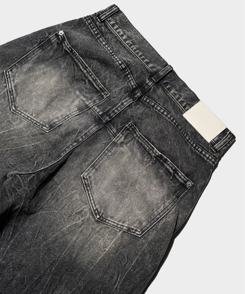 Camphor wood（カンファーウッド）の「CRACKED CHEMICAL-WASHED WIDE BAGGY JEANS / クラック加工ケミカルウォッシュワイドバギーシーンズ（デニムパンツ・メンズ・ブラック/インディゴブルー/ピンク系・SMALL/MEDIUM/LARGE）」の22枚目の写真