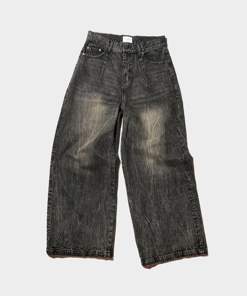Camphor wood（カンファーウッド）の「CRACKED CHEMICAL-WASHED WIDE BAGGY JEANS / クラック加工ケミカルウォッシュワイドバギーシーンズ（デニムパンツ・メンズ・ブラック/インディゴブルー/ピンク系・SMALL/MEDIUM/LARGE）」の15枚目の写真