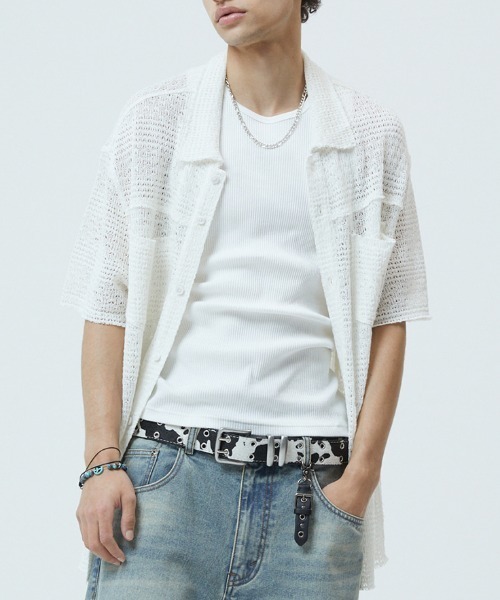 MAHAGRID(マハグリッド)の「『mahagrid/マハグリッド』RAW CUT KNIT HALF SHIRT/ローカット ニット ハーフシャツ(シャツ/ブラウス・レディース・ブラック/アイボリー・S)」の3枚目の写真