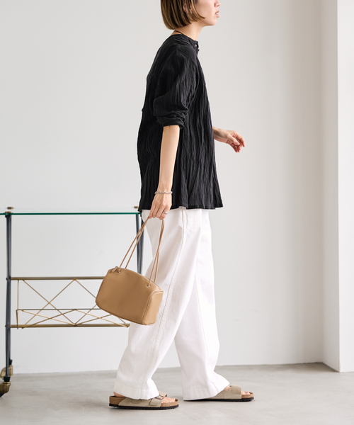 FRAMeWORK（フレームワーク）の「LINENmixクレープヘンリーネックブラウス（シャツ/ブラウス・レディース・ホワイト/ブラック/サックスブルー/ブルー・FREE）」の7枚目の写真