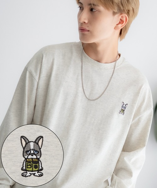 En serio TOKYO(エンソリオトーキョー)の「【SIDEWAYSTANCE】刺しゅうダウナーブルドッグ長袖Tシャツ SIDE24-133(Tシャツ/カットソー・メンズ・ブラック/カーキ/ホワイト/オートミール・SMALL/MEDIUM/LARGE/X-LARGE)」の3枚目の写真