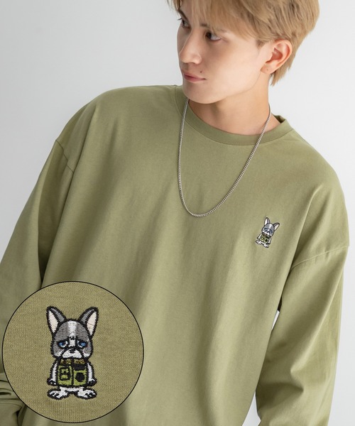 En serio TOKYO(エンソリオトーキョー)の「【SIDEWAYSTANCE】刺しゅうダウナーブルドッグ長袖Tシャツ SIDE24-133(Tシャツ/カットソー・メンズ・ブラック/カーキ/ホワイト/オートミール・SMALL/MEDIUM/LARGE/X-LARGE)」の4枚目の写真