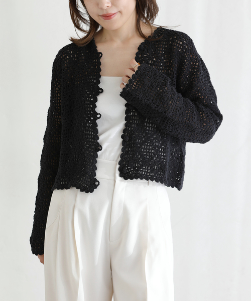 La TOTALITE(ラトータリテ)の「【洗える】TORRAZZO DONNA/トラッゾドンナ クロシェット カーディガン(ニット/セーター・レディース・ホワイト/ブラック・FREE)」の6枚目の写真