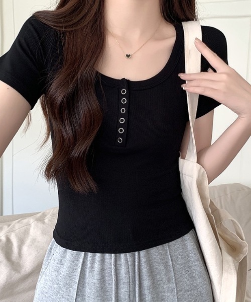 SHEENA(シーナ)の「ヘンリーネックコンパクトフィットTシャツ(Tシャツ/カットソー・レディース・ブラック/チャコールグレー/ライトグレー・M)」の2枚目の写真